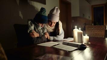 Mutter hält ihr Sohn Zittern von kalt studieren unter Kerze Beleuchtung während ein Blockade fällig zu Energie Krise foto