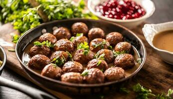 Schwedisch Fleischklößchen, kottbullar, im ein schwenken gekrönt mit frisch Petersilie foto