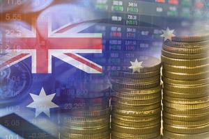 Börseninvestitionshandel mit Münzen und Australien-Flagge, Finanzgeschäftskonzept.