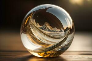 transparent Kristall Ball auf ein hölzern Tisch. ai generativ foto