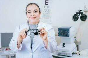 Porträt von Optiker halten Messbrille Linse im Labor. Optiker Spezialist halten optometrisch Versuch Rahmen foto