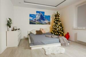 ein Leben Zimmer beim Weihnachtszeit zündete nur durch das Weihnachten Baum. foto