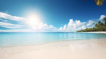 schön Strand mit Weiß Sand, Blau Himmel und klein Wellen ai generativ foto