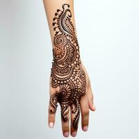 weiblich Hand mit schön Henna tätowieren auf Weiß Hintergrund, Nahansicht foto