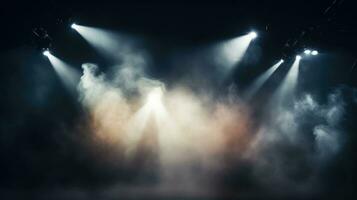 Bühne Licht mit farbig Scheinwerfer und Rauch. Konzert und Theater dunkel Szene ai foto