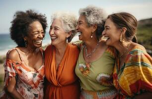 Spaß und aktiv Senioren Frauen draußen auf ein sonnig Sommer- Tag ai generiert foto