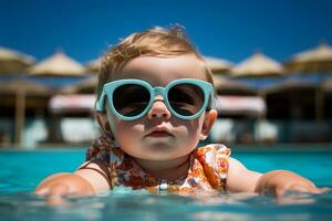 süß Baby mit Sonnenbrille im Schwimmen Schwimmbad. Sommer- Ferien Konzept ai generiert foto