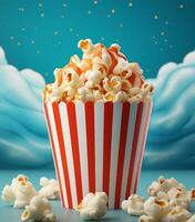 Popcorn mit rot gestreift Box auf Blau Himmel Hintergrund ai generiert foto