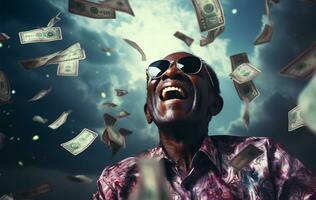 Porträt von ein glücklich afrikanisch amerikanisch Mann mit Geld fliegend im das Luft ai generiert foto