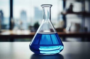 Labor Glaswaren mit Blau Flüssigkeit ai generiert foto