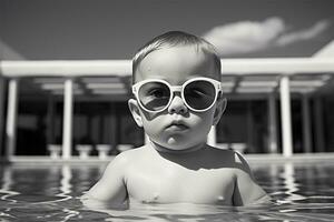 süß Baby mit Sonnenbrille im Schwimmen Schwimmbad. Sommer- Ferien Konzept ai generiert foto