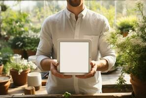 Hände halten ein Tablette pc mit ein hölzern Haus im das Hintergrund ai generiert foto