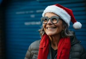Porträt von glücklich Senior Frau tragen Santa claus Hut und Sonnenbrille ai generiert foto