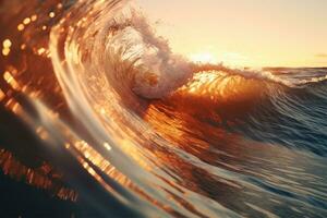 Nahansicht von Ozean brechen Wellen. Sonnenuntergang Dämmerung abstürzen Meer brechen ai generiert foto