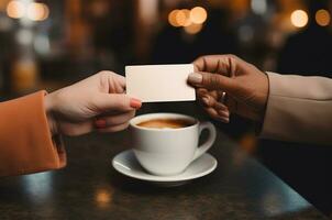 Frau halten Geschäft Karte und Tasse von Kaffee im Cafe, Nahansicht ai generiert foto