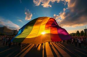 Silhouette von ein Gruppe von Menschen halten ein Regenbogen Flagge beim Sonnenuntergang ai generiert foto