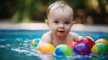 glücklich Baby spielen im ein Schwimmen Schwimmbad während Sommer- Ferien ai generiert foto