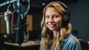 Frau Podcaster Aufzeichnung ein Audio- Podcast im ein Radio Bahnhof oder Podcast Studio, mit ein Fokus auf ihr Gesicht ai generiert foto