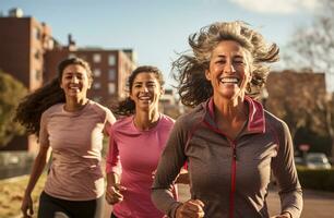 Spaß und aktiv Senioren Frauen draußen auf ein sonnig Sommer- Tag ai generiert foto