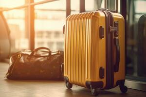 Reise Koffer und Jacke beim das Flughafen Einsteigen Bereich ai generiert foto