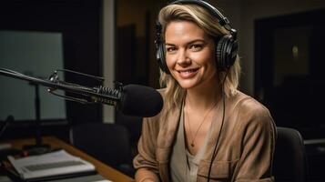 Frau Podcaster Aufzeichnung ein Audio- Podcast im ein Radio Bahnhof oder Podcast Studio, mit ein Fokus auf ihr Gesicht ai generiert foto