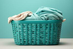 Wäsche Korb mit sauber Handtücher auf hölzern Tabelle im das Zimmer ai generiert foto