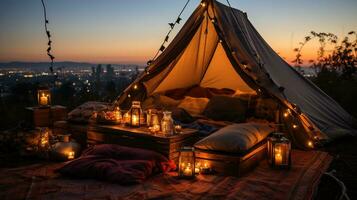 generativ ai, romantisch Camping mit Laterne Beleuchtung, Kissen, Decke. Stadt Aussicht im das Abend foto