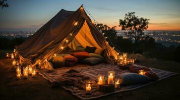 generativ ai, romantisch Camping mit Laterne Beleuchtung, Kissen, Decke. Stadt Aussicht im das Abend foto