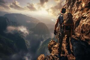 zurück Aussicht von ein mutig Mann Klettern ein extrem Cliff im hell Tag ai generativ foto