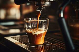Espresso Gießen von Kaffee Maschine fließend in das klar klein Glas im Cafe ai generativ foto
