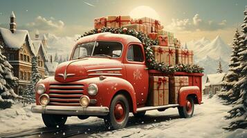 generativ ai, Jahrgang Weihnachten Auto mit viele Geschenke, Blau und rot Farben. Gruß Weihnachten Karte, Winter Ferien foto