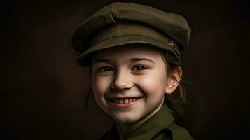 ein jung Mädchen im ein Militär- Uniform lächelnd ai generativ foto