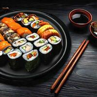 ein Teller von Sushi Rollen auf ein Tisch, japanisch Essen ai generiert Bild foto