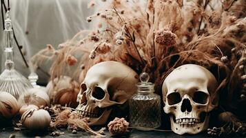 generativ ai, Halloween Hintergrund mit Schädel, Blumen und Gefieder im Boho Stil, stumm geschaltet neutral Farben, Zuhause Dekoration foto