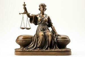Aussicht von Richter im Justiz Kleid halten Hammer und themis Figur isoliert auf Weiß foto