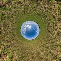 Blau Loch Kugel wenig Planet Innerhalb Grün Gras runden Rahmen Hintergrund. foto