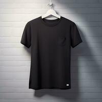 schwarz T-Shirt Attrappe, Lehrmodell, Simulation mit Backstein Hintergrund. ai generativ foto