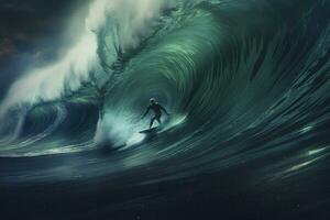 Surfer auf Blau Ozean Welle, 3d Illustration, generativ ai foto
