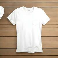 Weiß T-Shirt Attrappe, Lehrmodell, Simulation mit hölzern Hintergrund. ai generativ foto