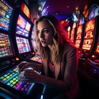 Frau Glücksspiel im Kasino spielen auf Slot Maschinen Ausgaben Geld Spieler süchtig zu rotieren Maschine. ai generiert foto