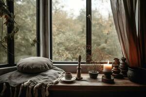 gemütlich entspannend Raum auf Fenster Schwelle wie Platz zum Meditation generativ ai foto