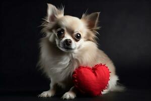 süß wenig Hund ist umarmen rot Herz generativ ai foto
