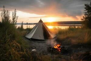 Lagerfeuer und Zelt wie Sommer- Ferien im wild Natur generativ ai foto