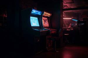Arkade Spielen Maschine beim dunkel Neon- beleuchtet Zimmer generativ ai foto