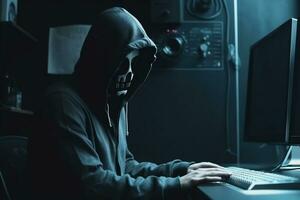 anonym Skelett Hacker mit Kapuze Sitzung Nächster zu Computer generativ ai foto