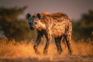 Hyäne auf das Hintergrund von das afrikanisch Savanne, heiß Tag, Tiere von Afrika. ai generativ foto