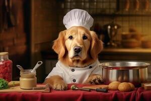 süß Hund golden Retriever Koch mit Kostüm bereit zu Kochen zum Abendessen im Küche Zimmer, komisch Moment, Zutat zum Kochen, Haustier Konzept, mit generativ ai. foto