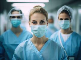 Gruppe von Ärzte und Krankenschwestern zeigen Gesicht Masken im Krankenhaus foto