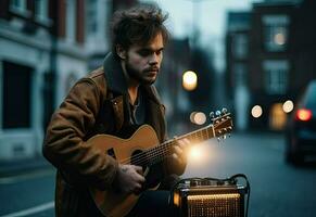 ein Mann Sitzung auf das Straße spielen ein akustisch Gitarre ai generativ foto