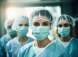Gruppe von Ärzte und Krankenschwestern zeigen Gesicht Masken im Krankenhaus foto